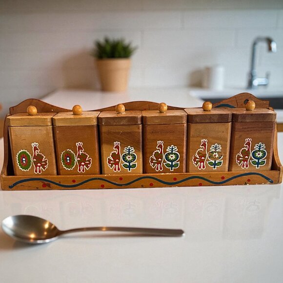 Mid Century Imperial Japan Wooden Spice Rack Set of 6 Hand Carved Containers MCM - Picture 2 of 7